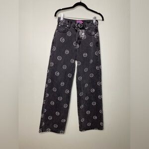 New Black wide leg jeans with moody emoticon design dollskill size small